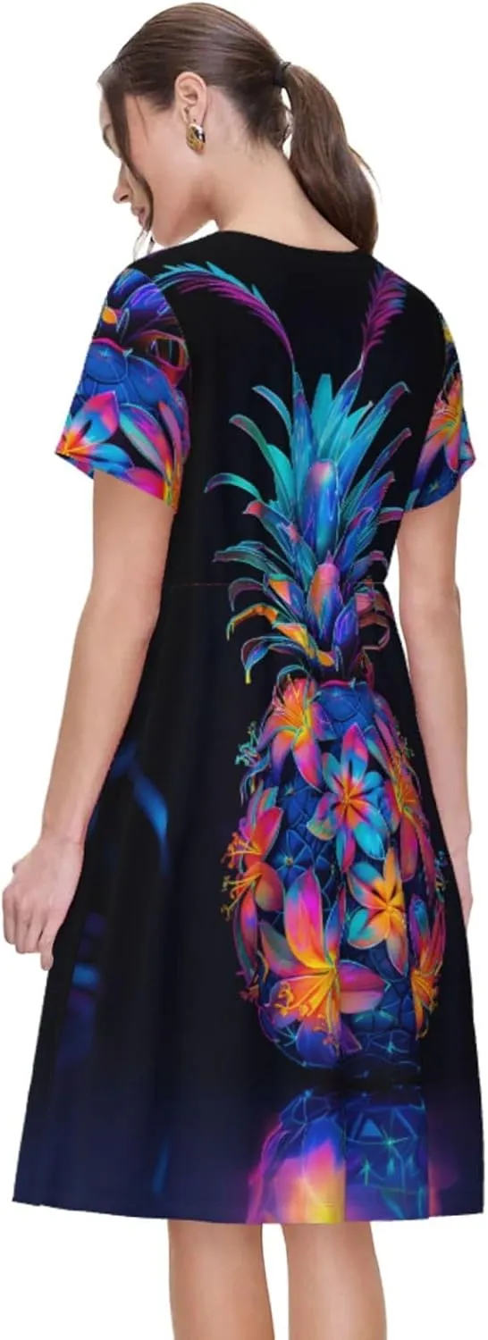 Women's Short Sleeve Round Neck marbling Print A-Line Summer Casual Dress with Pockets,