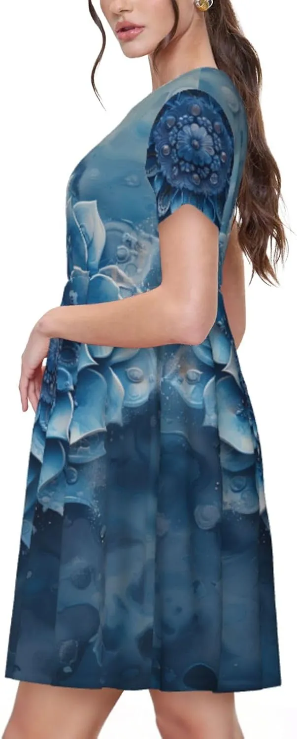 Women's Short Sleeve Round Neck marbling Print A-Line Summer Casual Dress with Pockets,