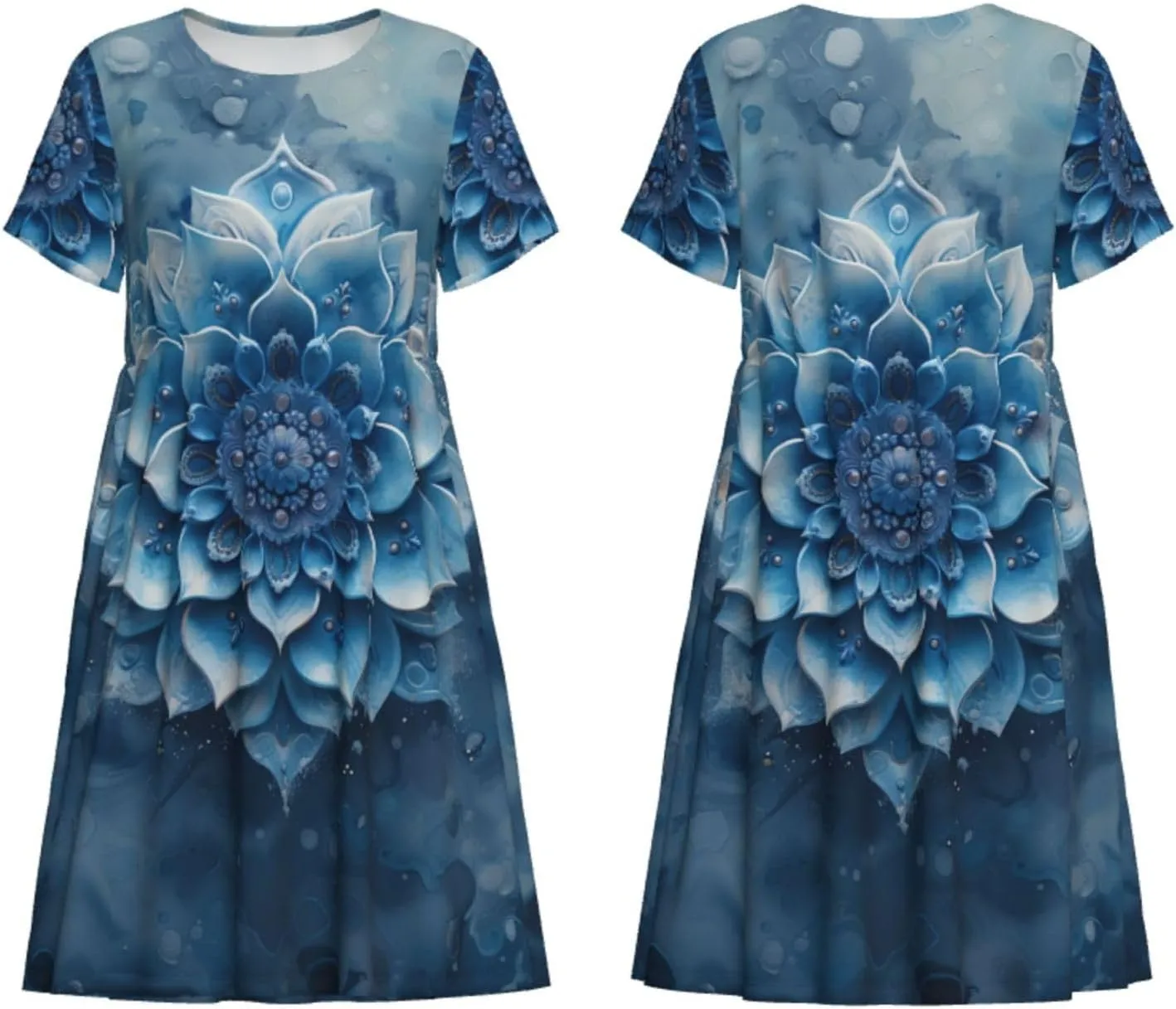 Women's Short Sleeve Round Neck marbling Print A-Line Summer Casual Dress with Pockets,