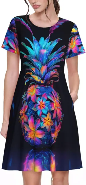 Women's Short Sleeve Round Neck marbling Print A-Line Summer Casual Dress with Pockets,