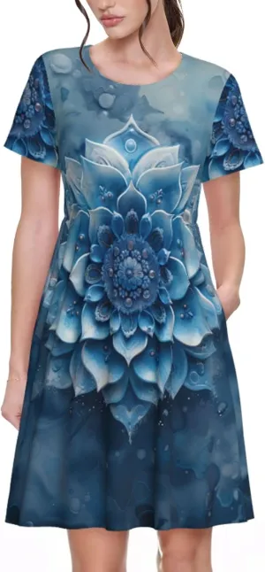 Women's Short Sleeve Round Neck marbling Print A-Line Summer Casual Dress with Pockets,
