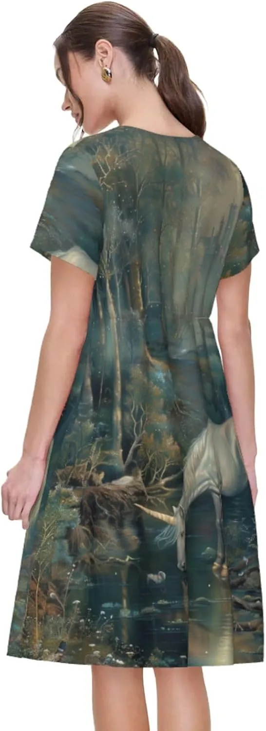 Women's Short Sleeve Round Neck Unicorn Print A-Line Summer Casual Dress with Pockets,