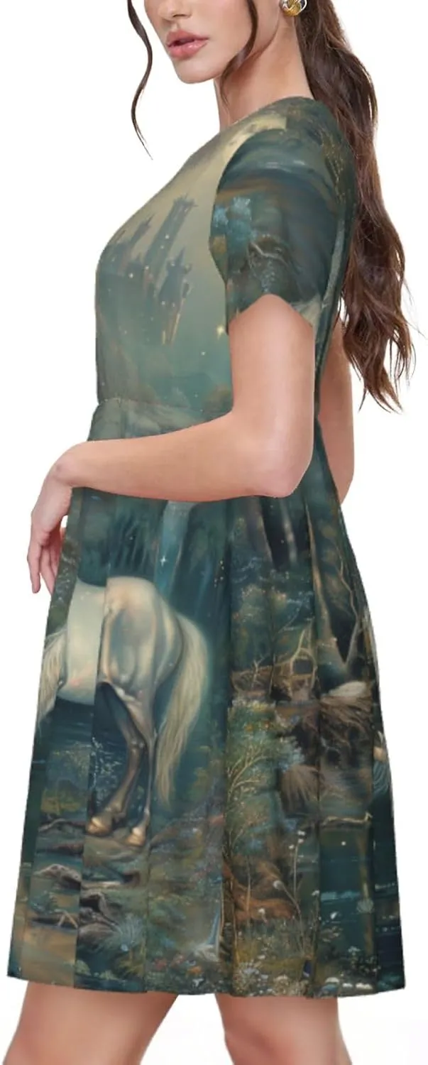 Women's Short Sleeve Round Neck Unicorn Print A-Line Summer Casual Dress with Pockets,