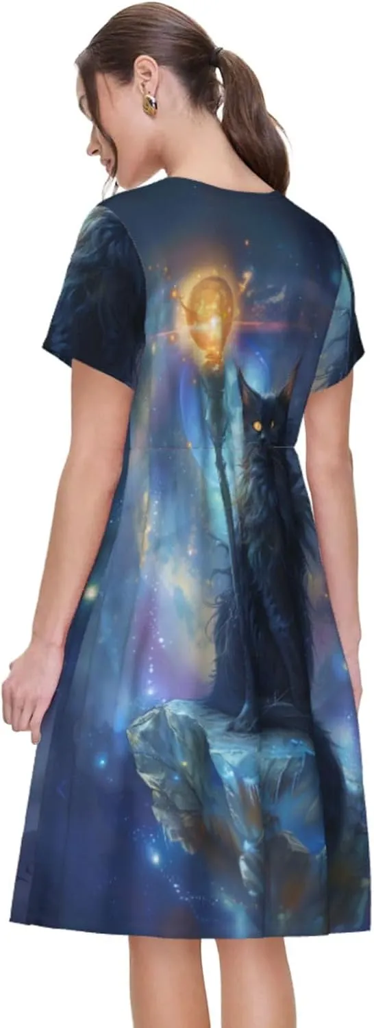 Women's Short Sleeve Round Neck Unicorn Print A-Line Summer Casual Dress with Pockets,