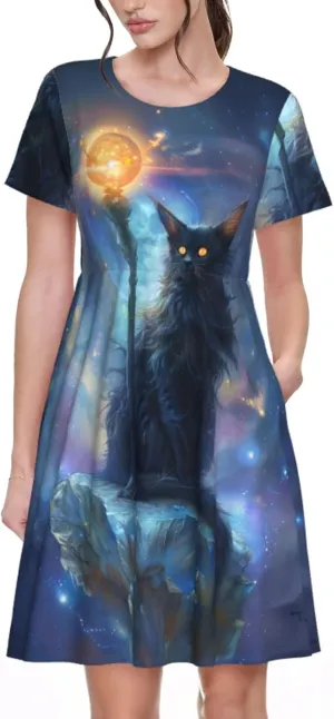 Women's Short Sleeve Round Neck Unicorn Print A-Line Summer Casual Dress with Pockets,