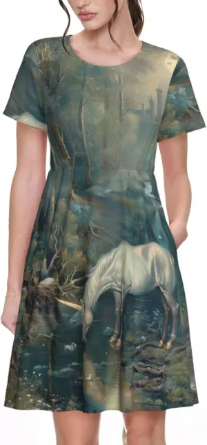 Women's Short Sleeve Round Neck Unicorn Print A-Line Summer Casual Dress with Pockets,