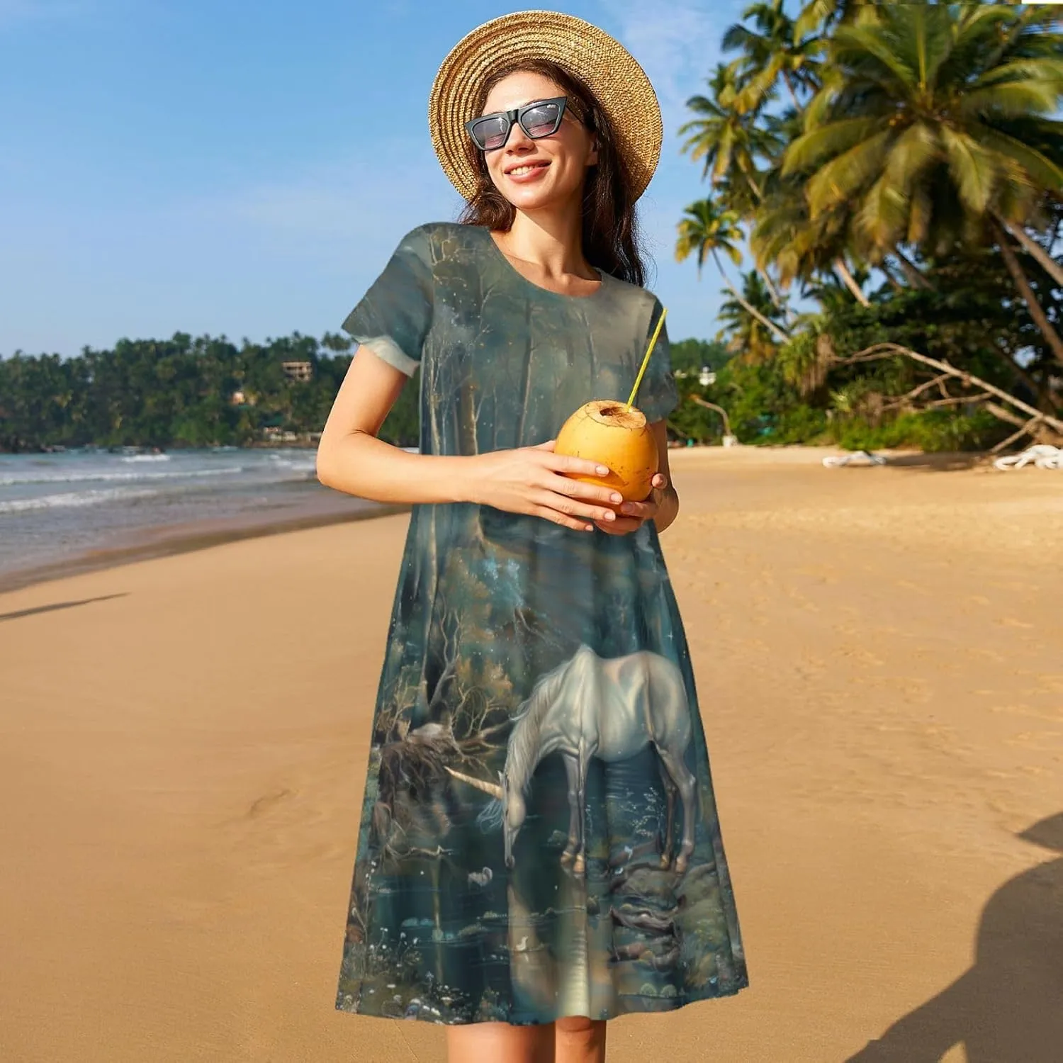 Women's Short Sleeve Round Neck Unicorn Print A-Line Summer Casual Dress with Pockets,
