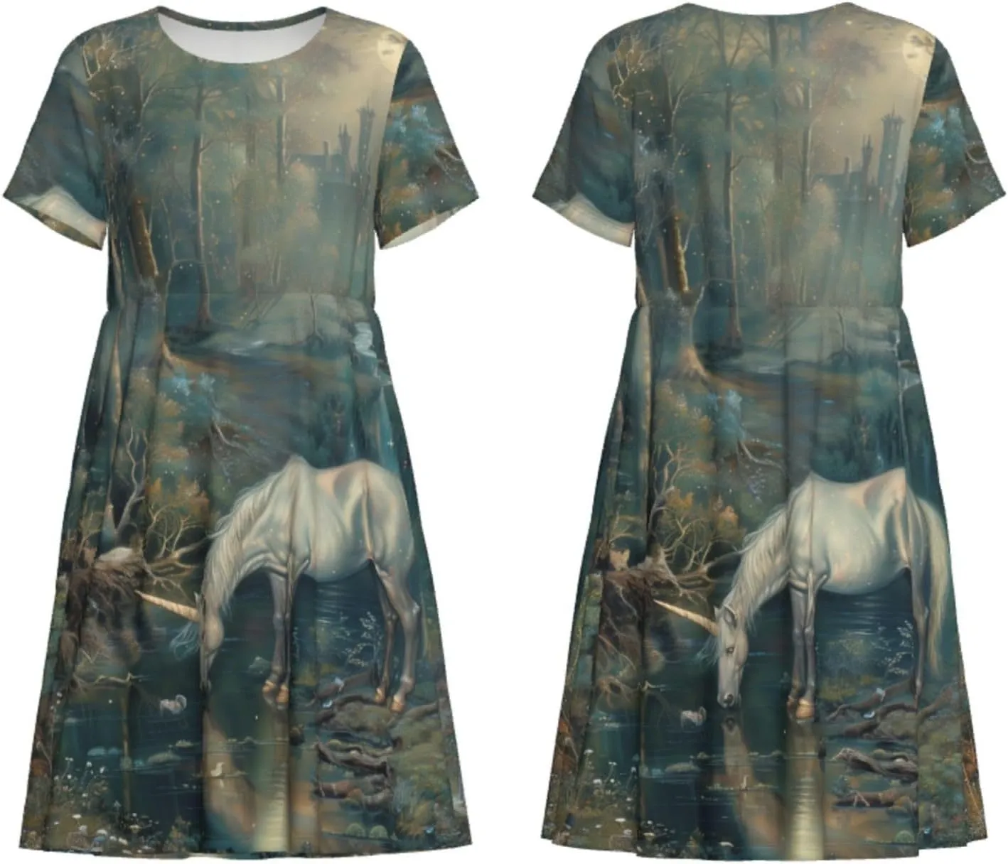 Women's Short Sleeve Round Neck Unicorn Print A-Line Summer Casual Dress with Pockets,