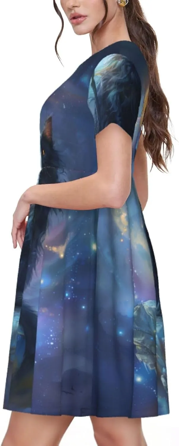 Women's Short Sleeve Round Neck Unicorn Print A-Line Summer Casual Dress with Pockets,