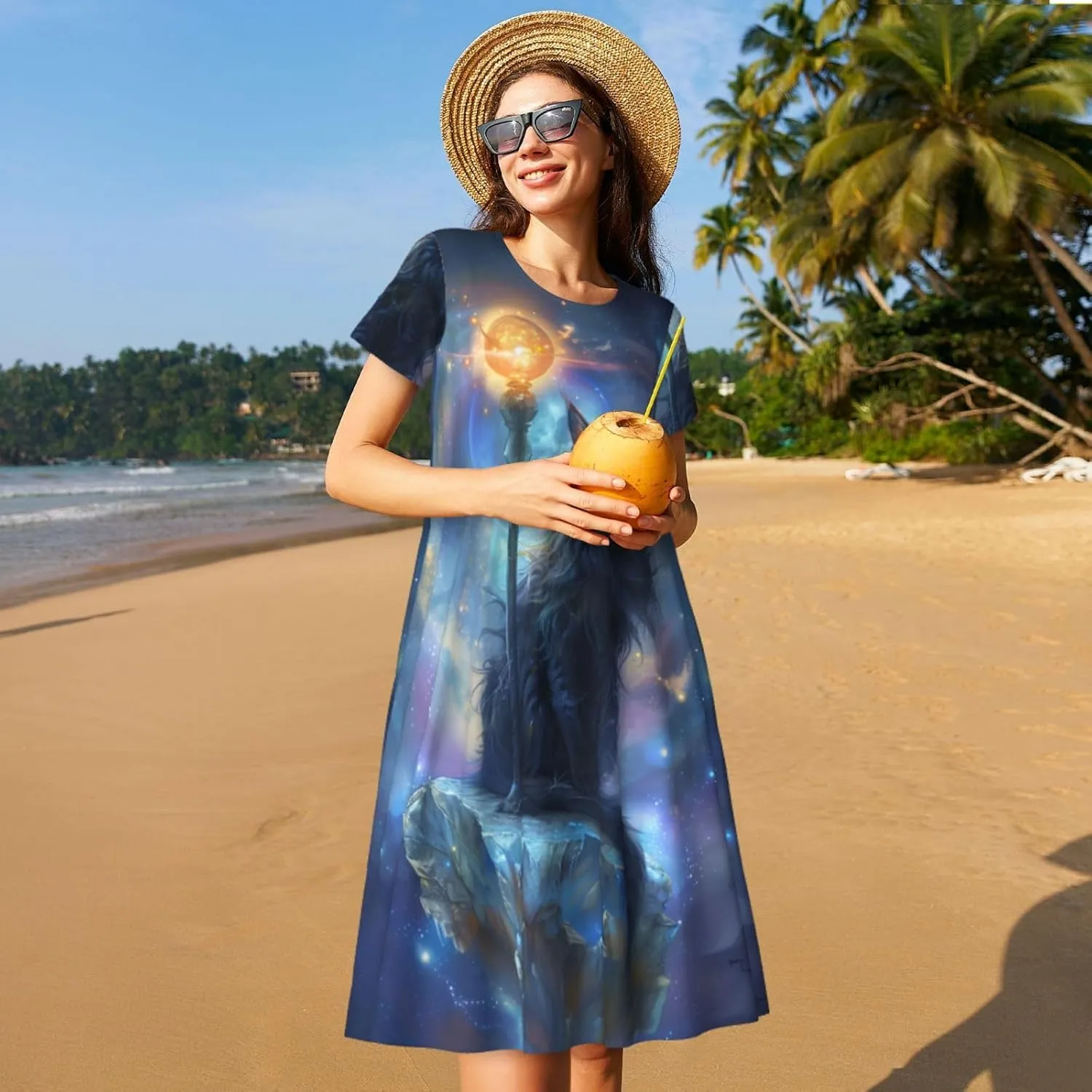 Women's Short Sleeve Round Neck Unicorn Print A-Line Summer Casual Dress with Pockets,