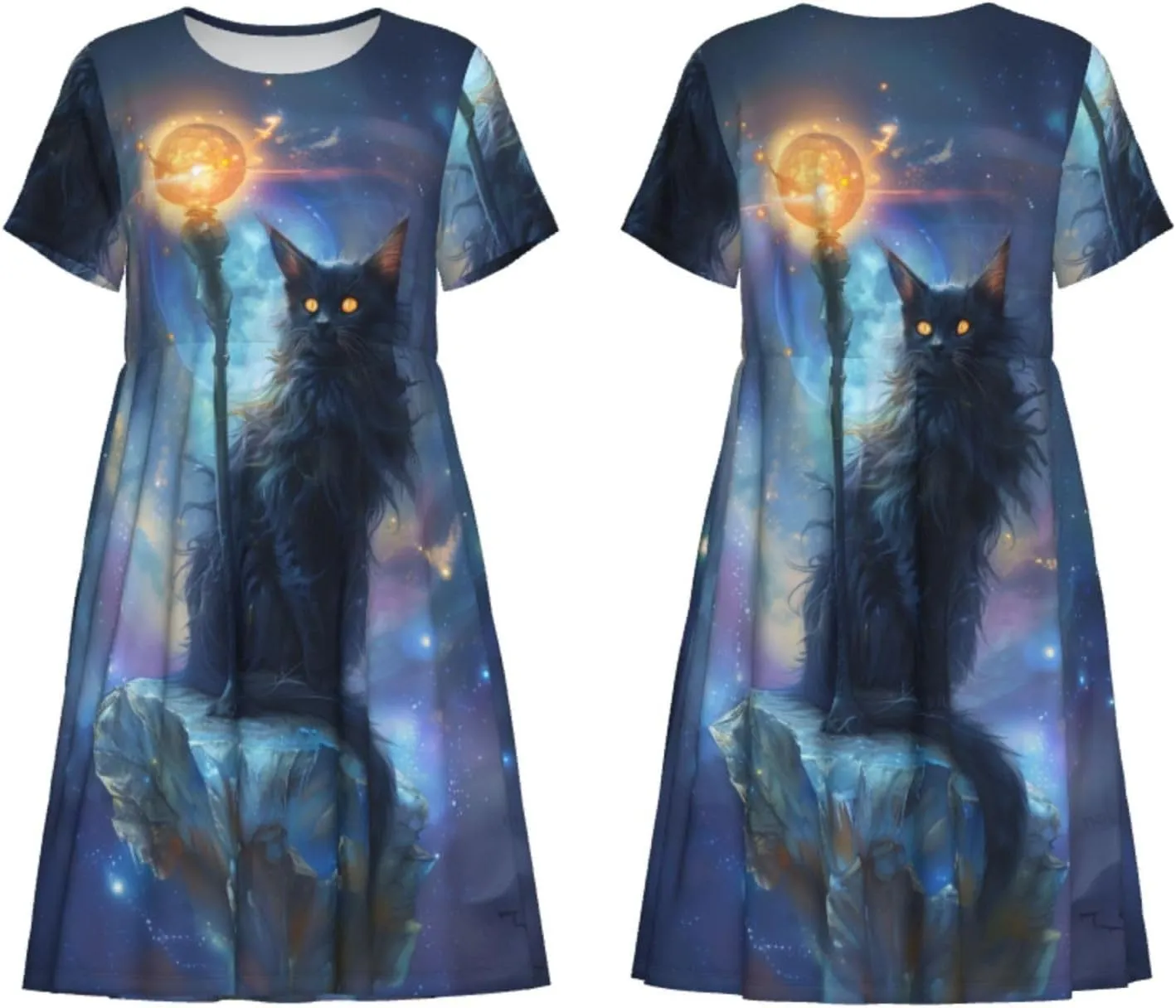 Women's Short Sleeve Round Neck Unicorn Print A-Line Summer Casual Dress with Pockets,