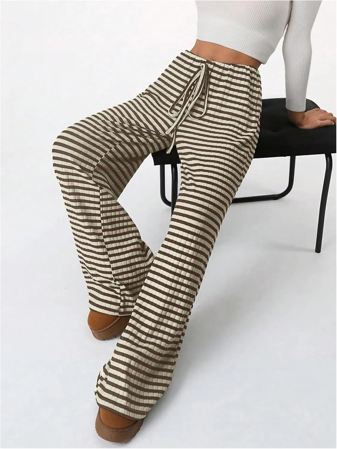 Women's Striped Pants Elastic Waist Knit Pants Wide Leg Pants Baggy Loose Drawstring Palazzo Trousers Lounge Pant