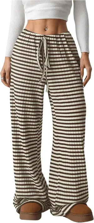 Women's Striped Pants Elastic Waist Knit Pants Wide Leg Pants Baggy Loose Drawstring Palazzo Trousers Lounge Pant