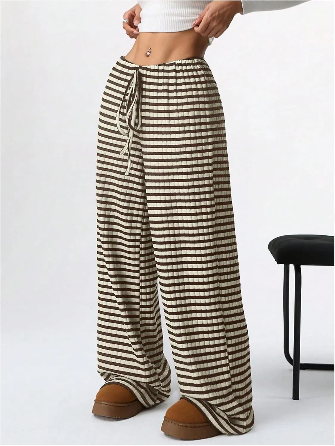 Women's Striped Pants Elastic Waist Knit Pants Wide Leg Pants Baggy Loose Drawstring Palazzo Trousers Lounge Pant