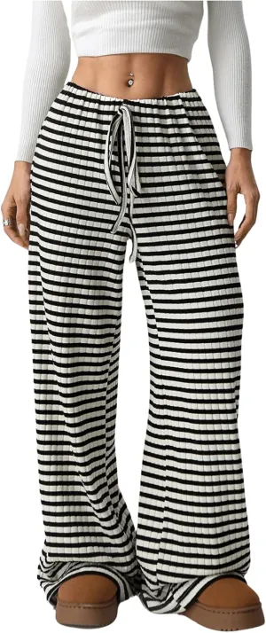 Women's Striped Pants Elastic Waist Knit Pants Wide Leg Pants Baggy Loose Drawstring Palazzo Trousers Lounge Pant