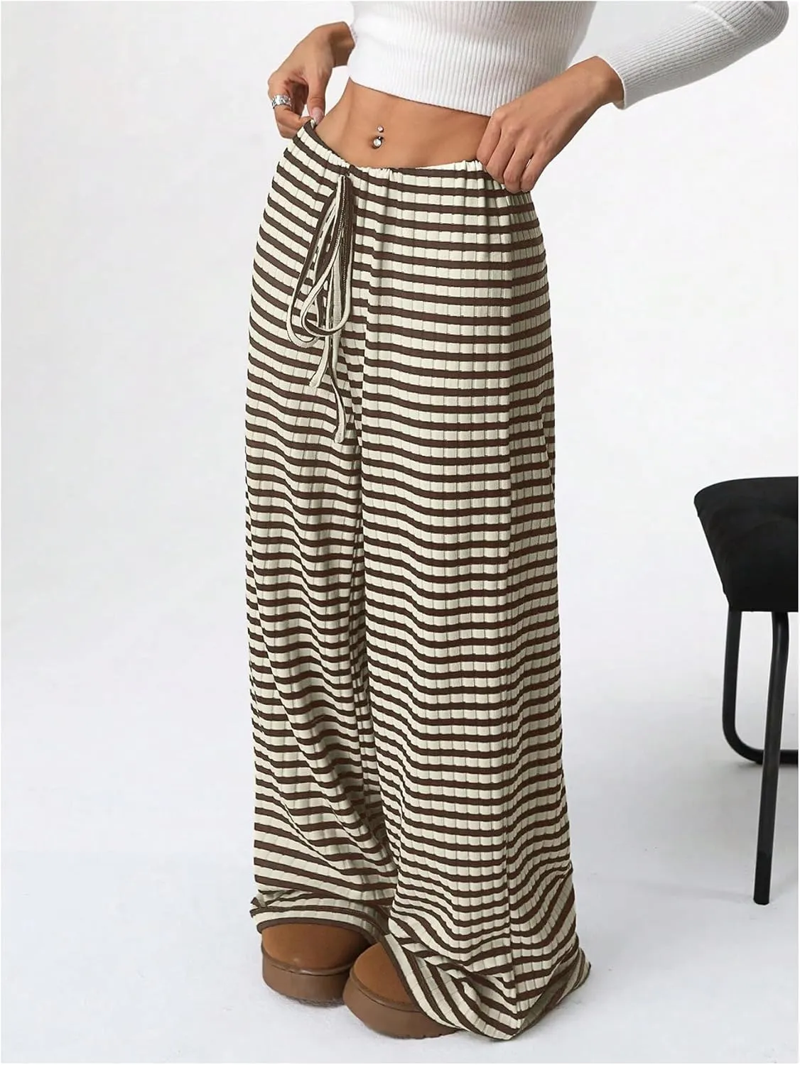 Women's Striped Pants Elastic Waist Knit Pants Wide Leg Pants Baggy Loose Drawstring Palazzo Trousers Lounge Pant