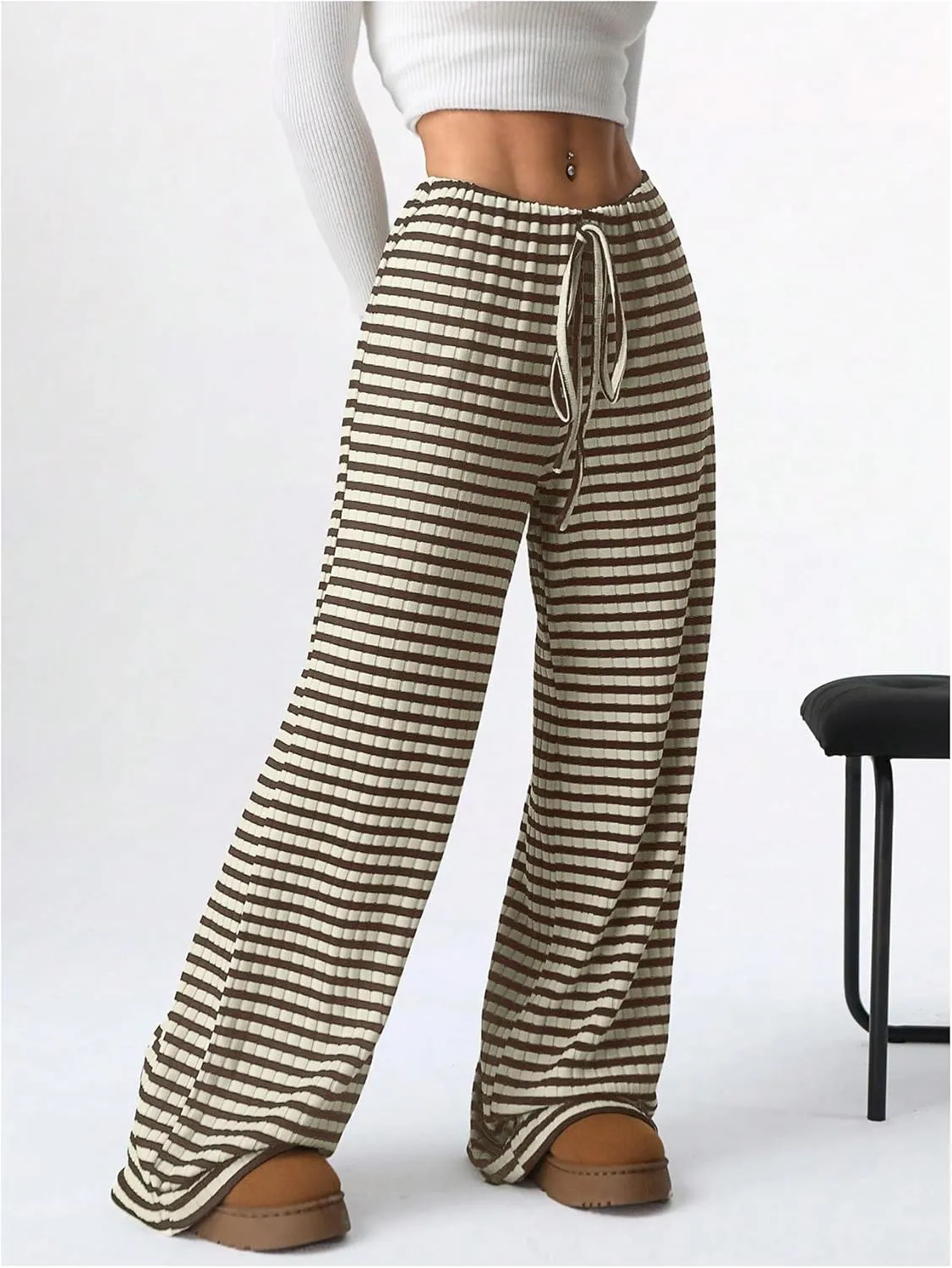 Women's Striped Pants Elastic Waist Knit Pants Wide Leg Pants Baggy Loose Drawstring Palazzo Trousers Lounge Pant
