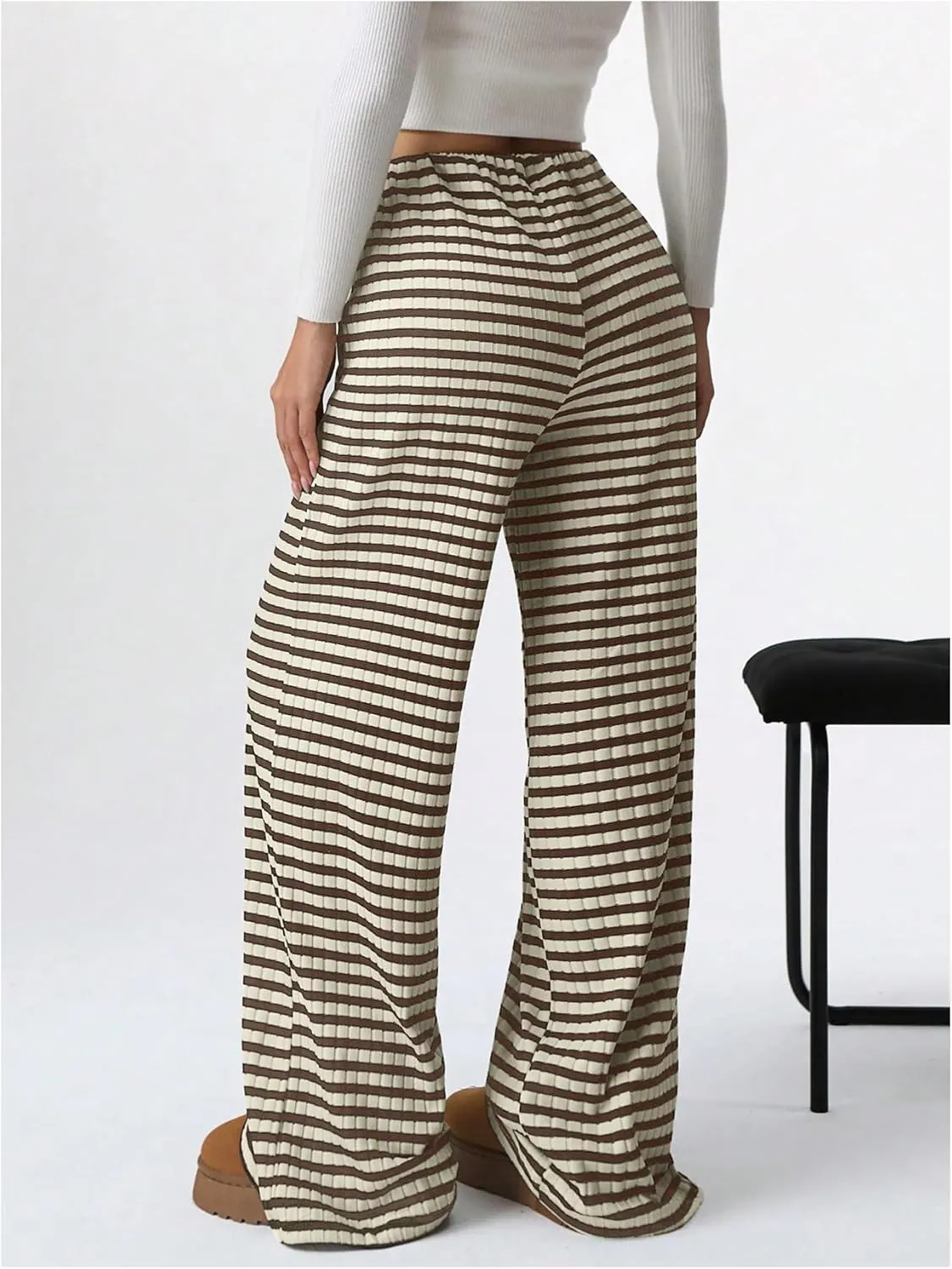 Women's Striped Pants Elastic Waist Knit Pants Wide Leg Pants Baggy Loose Drawstring Palazzo Trousers Lounge Pant