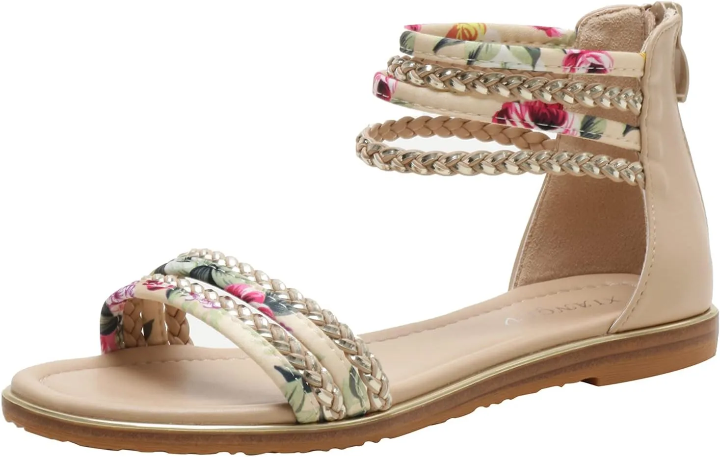 Womens Summer Rhinestone Embellished Flat Braided Shoes Studding Gladiator Sandals with Zipper Closure