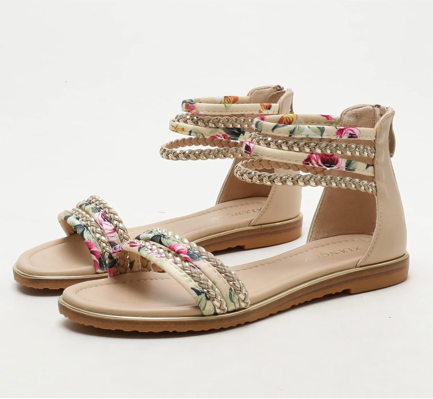 Womens Summer Rhinestone Embellished Flat Braided Shoes Studding Gladiator Sandals with Zipper Closure