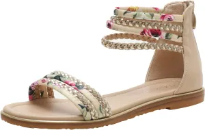 Womens Summer Rhinestone Embellished Flat Braided Shoes Studding Gladiator Sandals with Zipper Closure