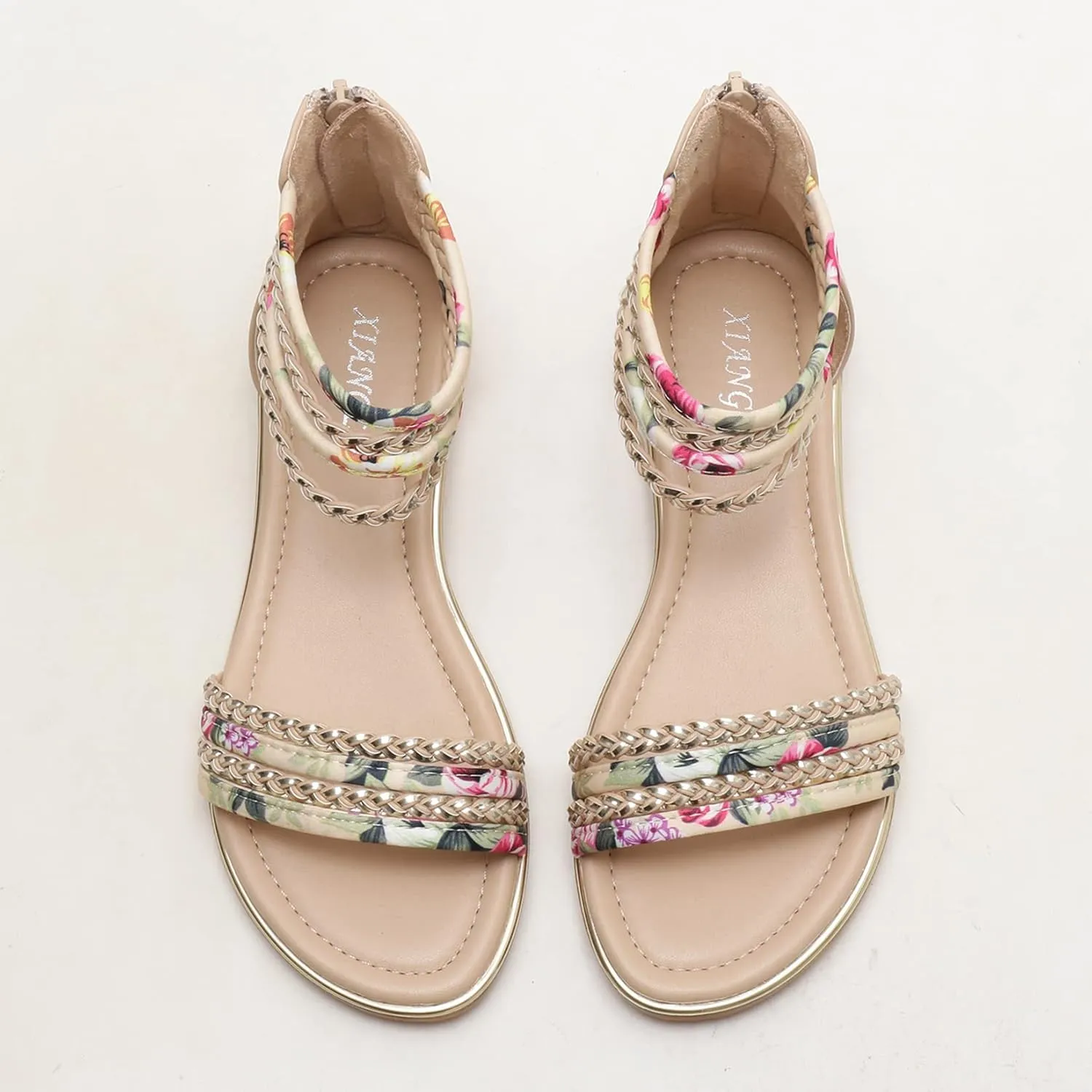 Womens Summer Rhinestone Embellished Flat Braided Shoes Studding Gladiator Sandals with Zipper Closure