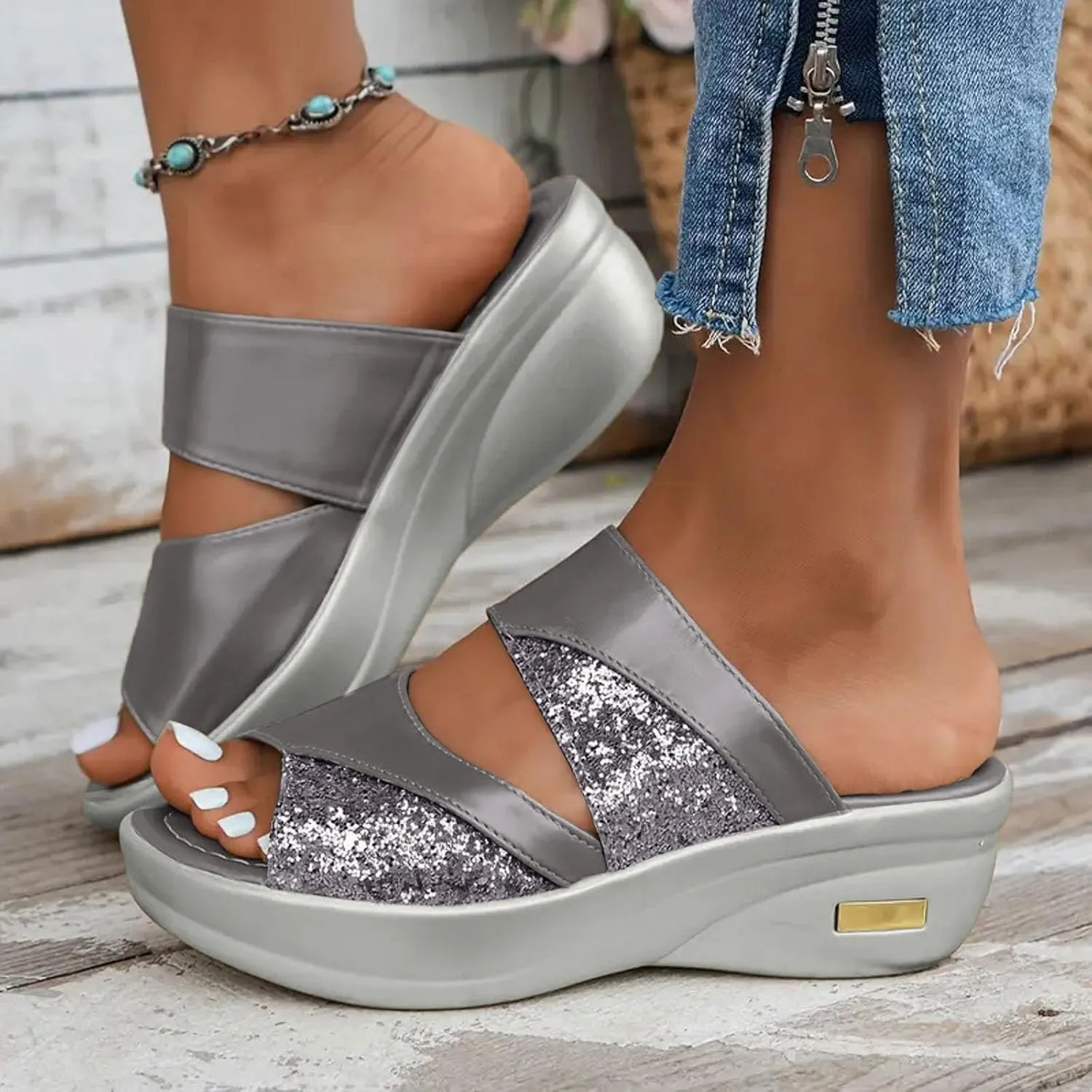 Women's Summer Rhinestones Slip on Fish Mouth Wedges Sandals Open Toe Casual Wedges Slip On Platform Sandals Low Heels for Women Dressy Comfortable Women Wedge Slippers