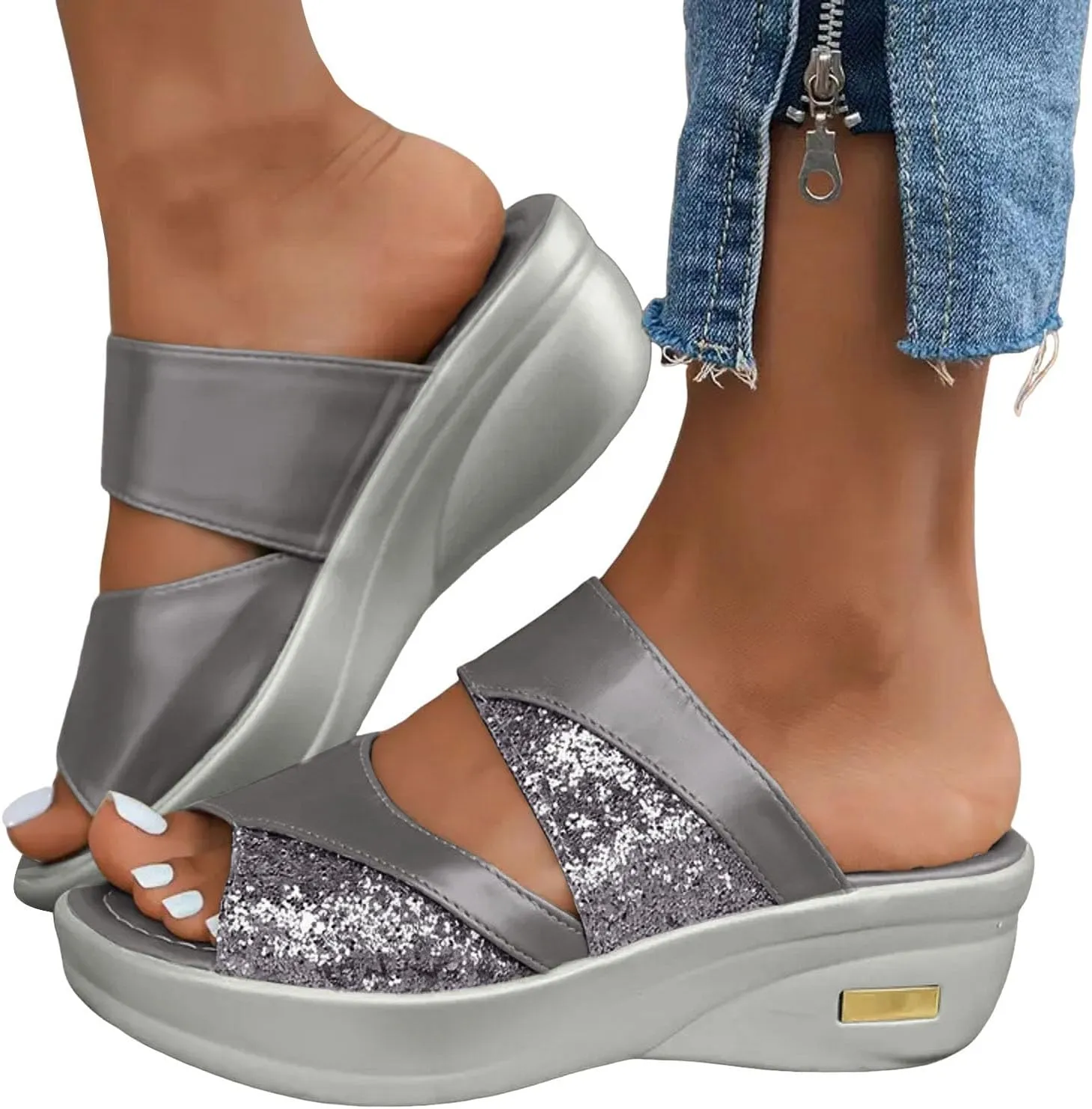 Women's Summer Rhinestones Slip on Fish Mouth Wedges Sandals Open Toe Casual Wedges Slip On Platform Sandals Low Heels for Women Dressy Comfortable Women Wedge Slippers