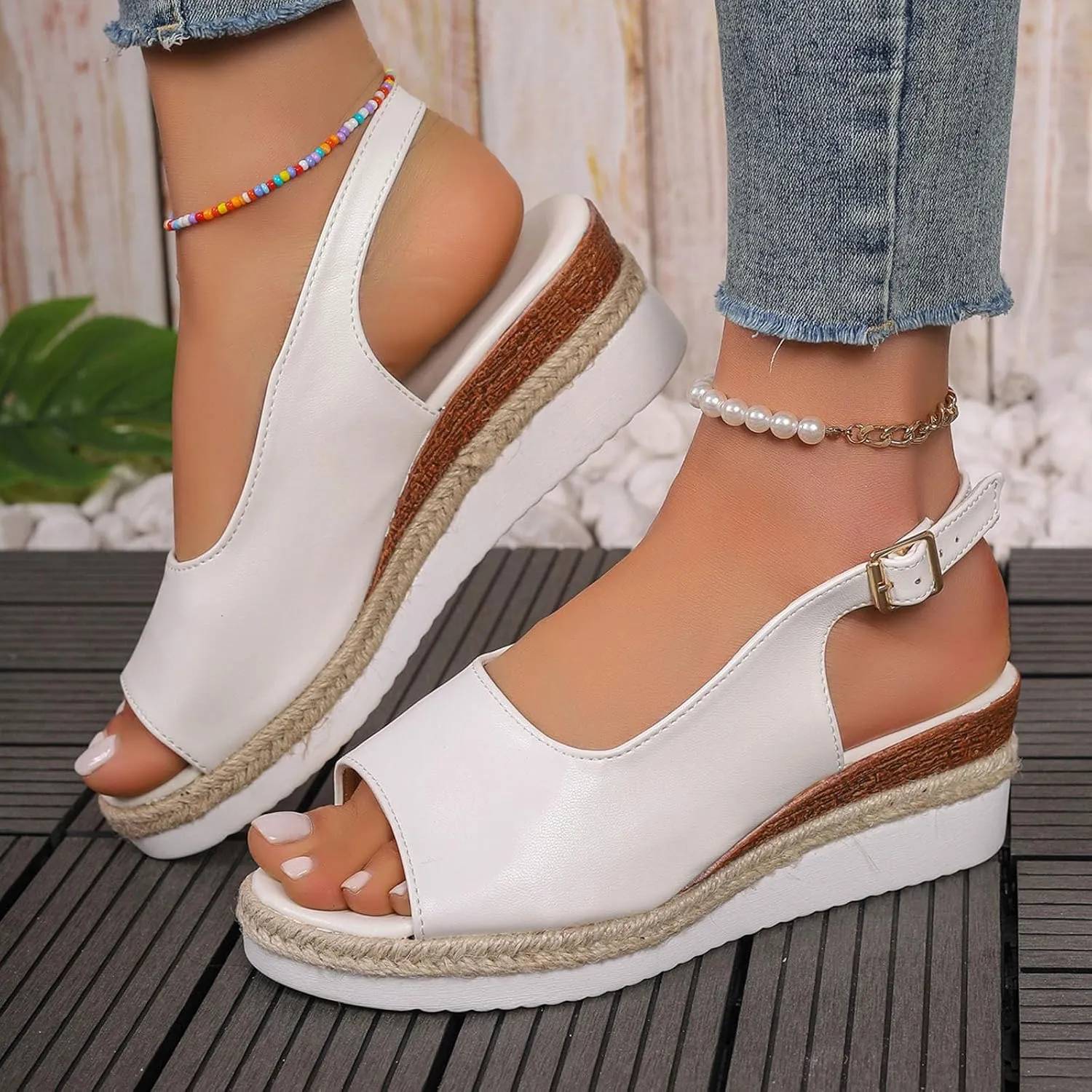 Womens Summer Sandals Ankle Strap Slingback Wedge Sandals Peep Toe Slip On Espadrille Platform Comfortable Dress Shoes