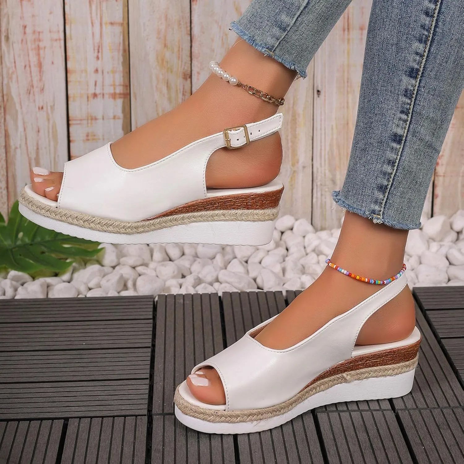 Womens Summer Sandals Ankle Strap Slingback Wedge Sandals Peep Toe Slip On Espadrille Platform Comfortable Dress Shoes