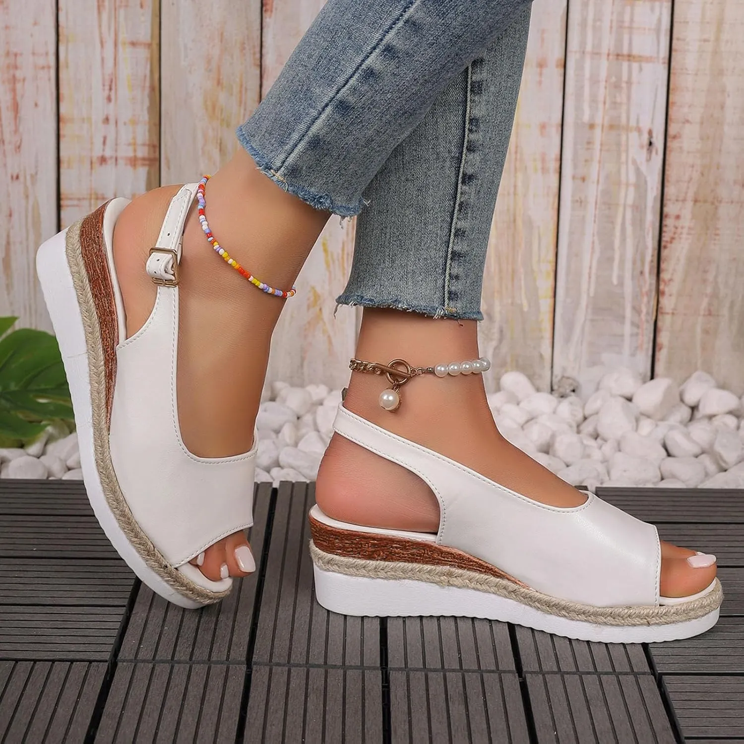 Womens Summer Sandals Ankle Strap Slingback Wedge Sandals Peep Toe Slip On Espadrille Platform Comfortable Dress Shoes