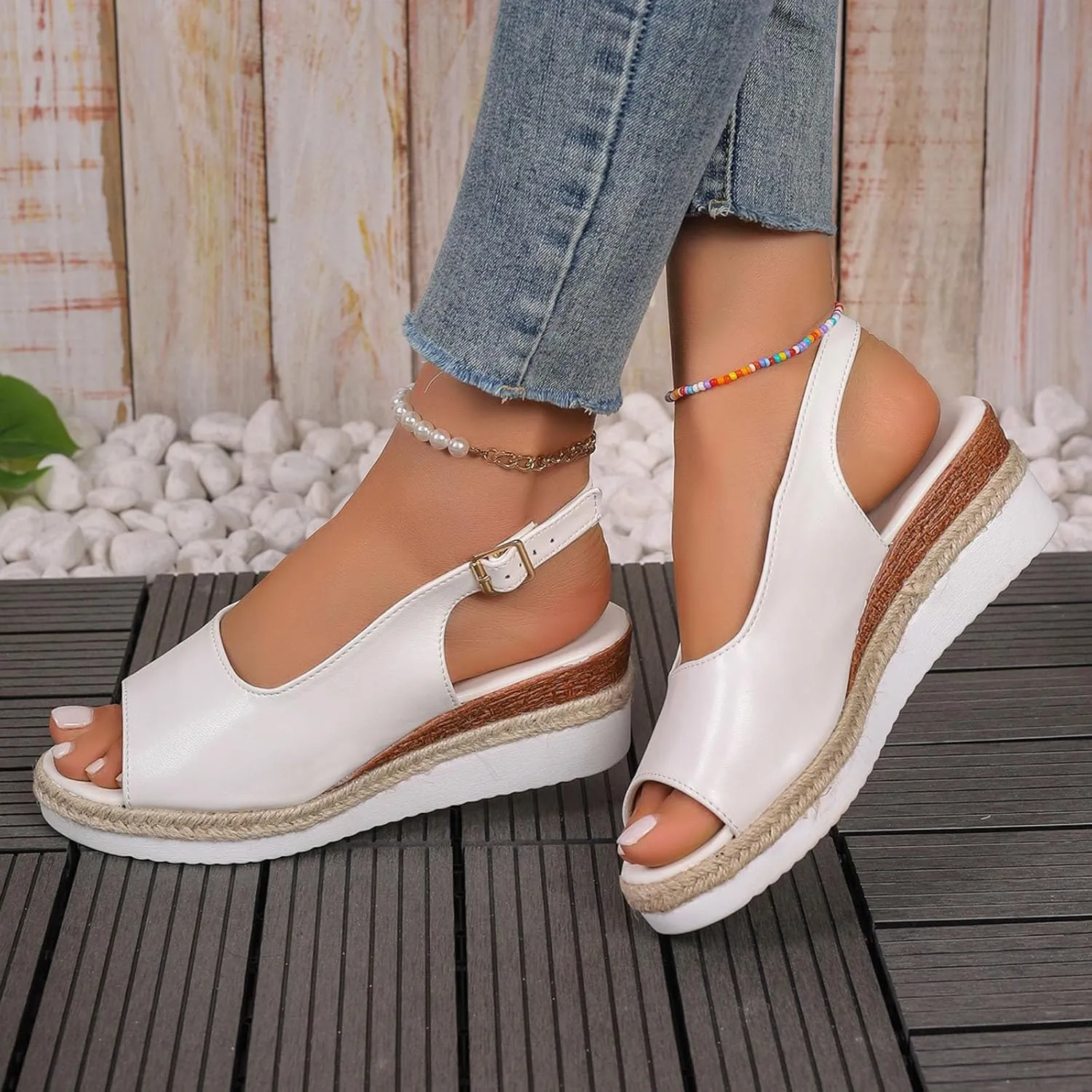 Womens Summer Sandals Ankle Strap Slingback Wedge Sandals Peep Toe Slip On Espadrille Platform Comfortable Dress Shoes