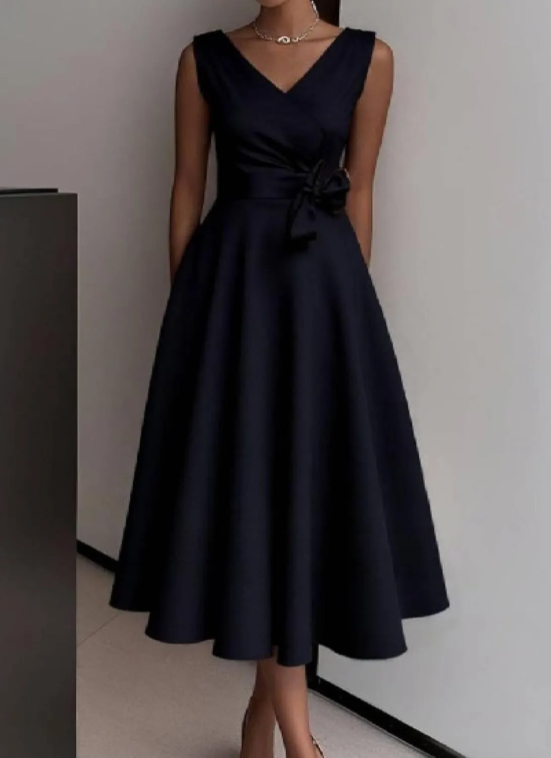 Womens V Neck Sleeveless A Line Midi Dress with Side Pockets Elegant Formal Ruched Evening Party Dress