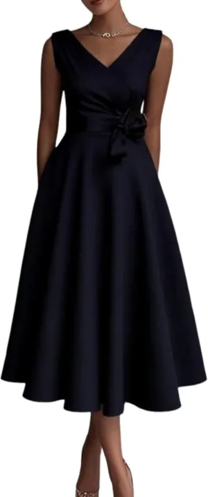 Womens V Neck Sleeveless A Line Midi Dress with Side Pockets Elegant Formal Ruched Evening Party Dress