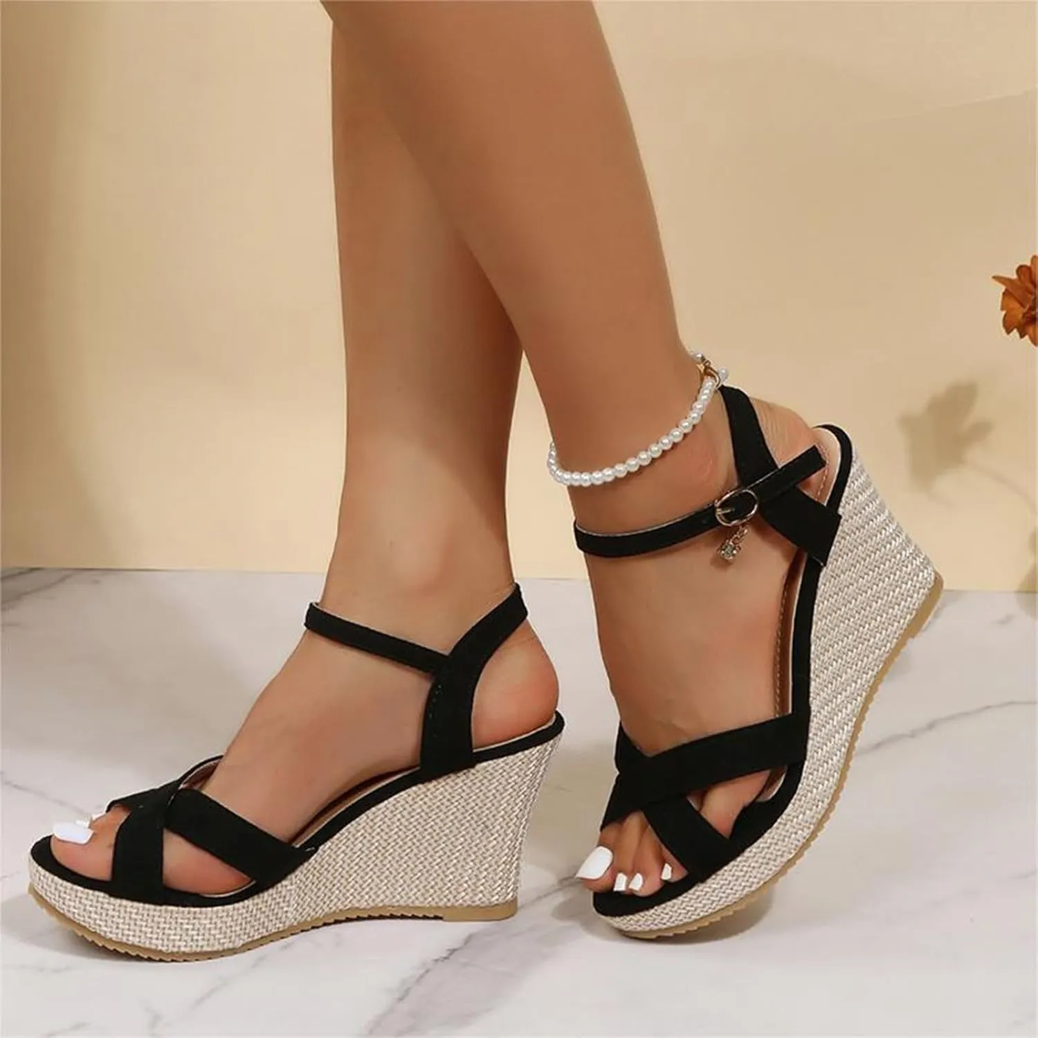 Women's Wedge Heels Sandals Crisscross Strap Sandals Breathable Ankle Strap Sandals Braided Thick Women Sandals Slide