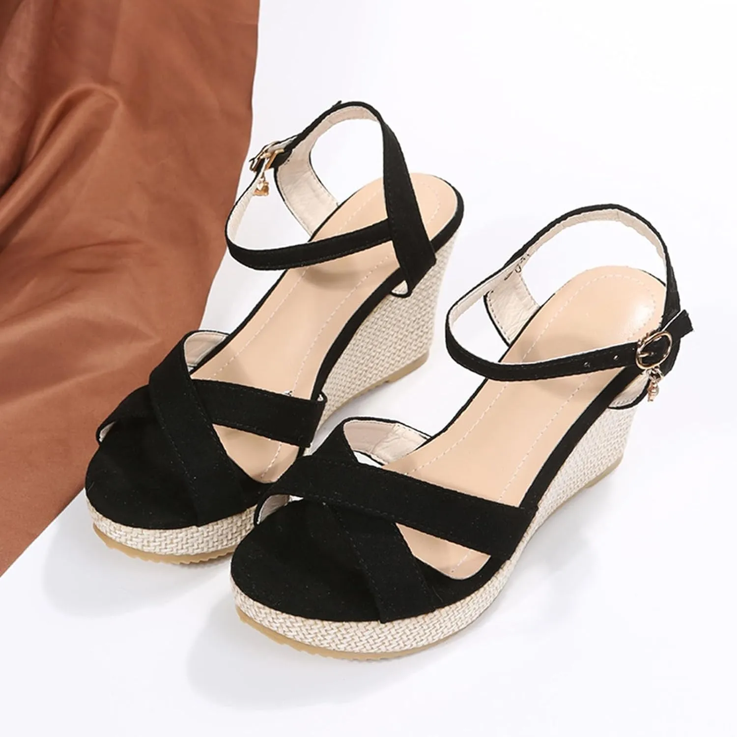 Women's Wedge Heels Sandals Crisscross Strap Sandals Breathable Ankle Strap Sandals Braided Thick Women Sandals Slide