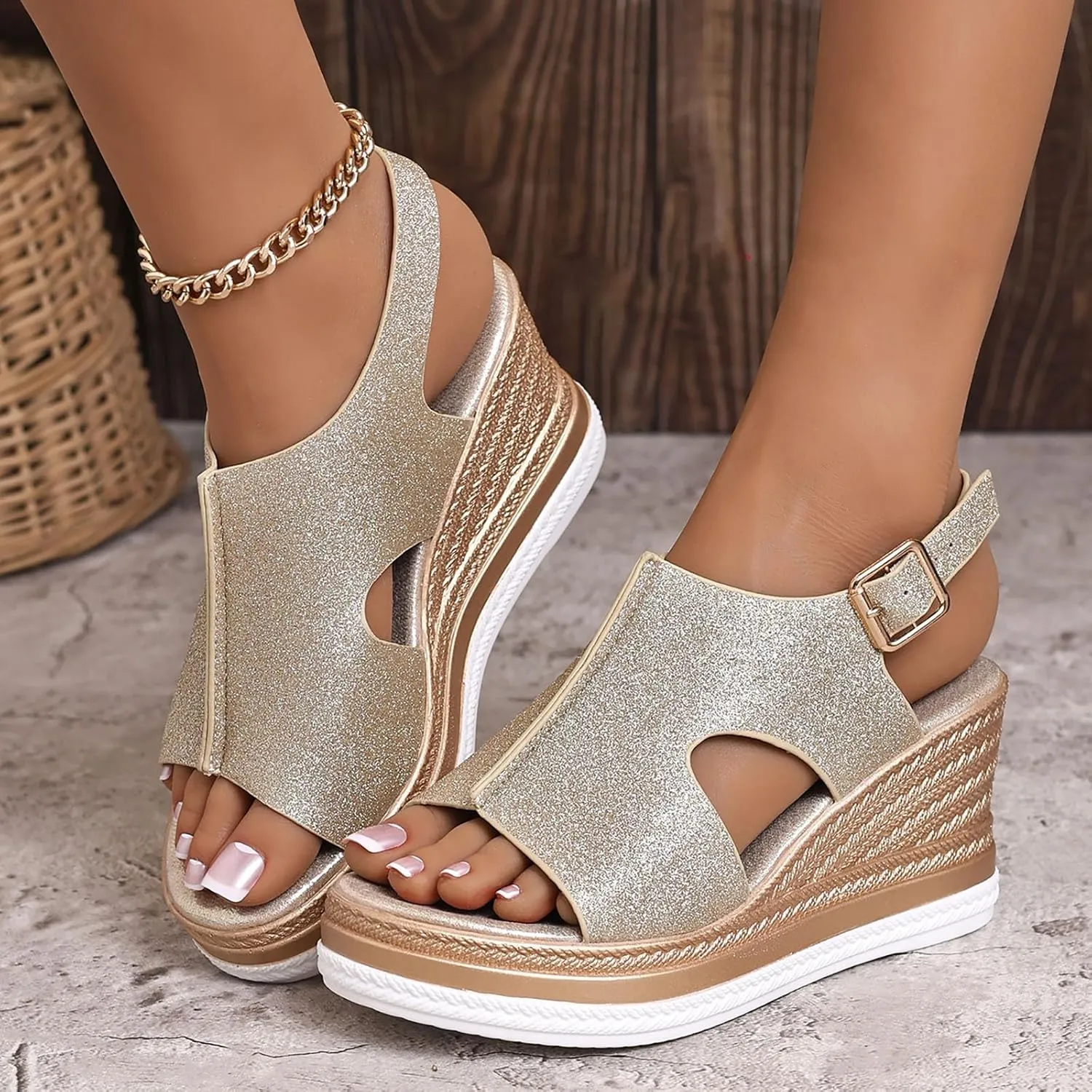 Womens Wedges Platform Sandals with Ankle Strap Open Toe Espadrilles Wedge Heels Sandals Ladies Comfortable Low Heel Sandal Lightweight for All Day Wear Shoes
