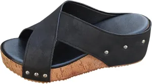 Womens Width Wedge Sandals Summer Vintage Open Toe Slip On Slides Cork Heeled Cutout Slide Sandals Casual Comfortable Lightweight Wedge & Platform Slippers