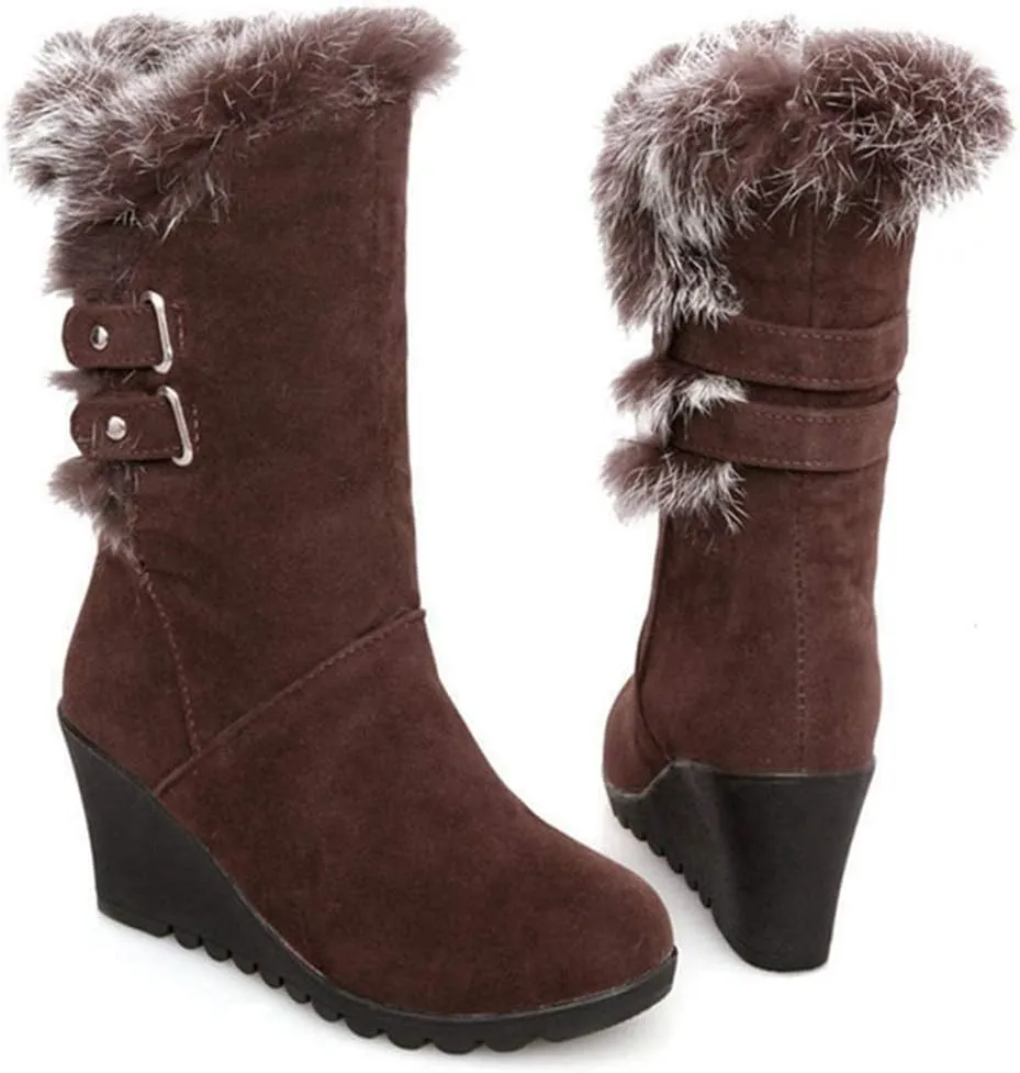 Women's Winter Fur Wedge Snow Boots Faux Suede Mid Calf Cold Weather Buckle Platform Fleece Lining Warm Wedges Snow Boots