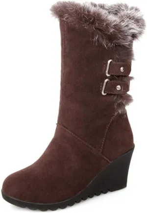 Women's Winter Fur Wedge Snow Boots Faux Suede Mid Calf Cold Weather Buckle Platform Fleece Lining Warm Wedges Snow Boots