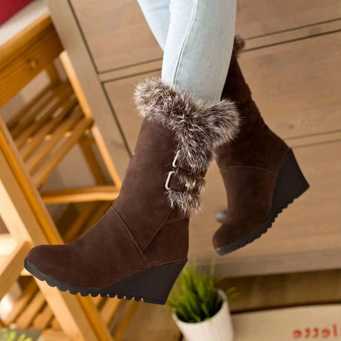 Women's Winter Fur Wedge Snow Boots Faux Suede Mid Calf Cold Weather Buckle Platform Fleece Lining Warm Wedges Snow Boots