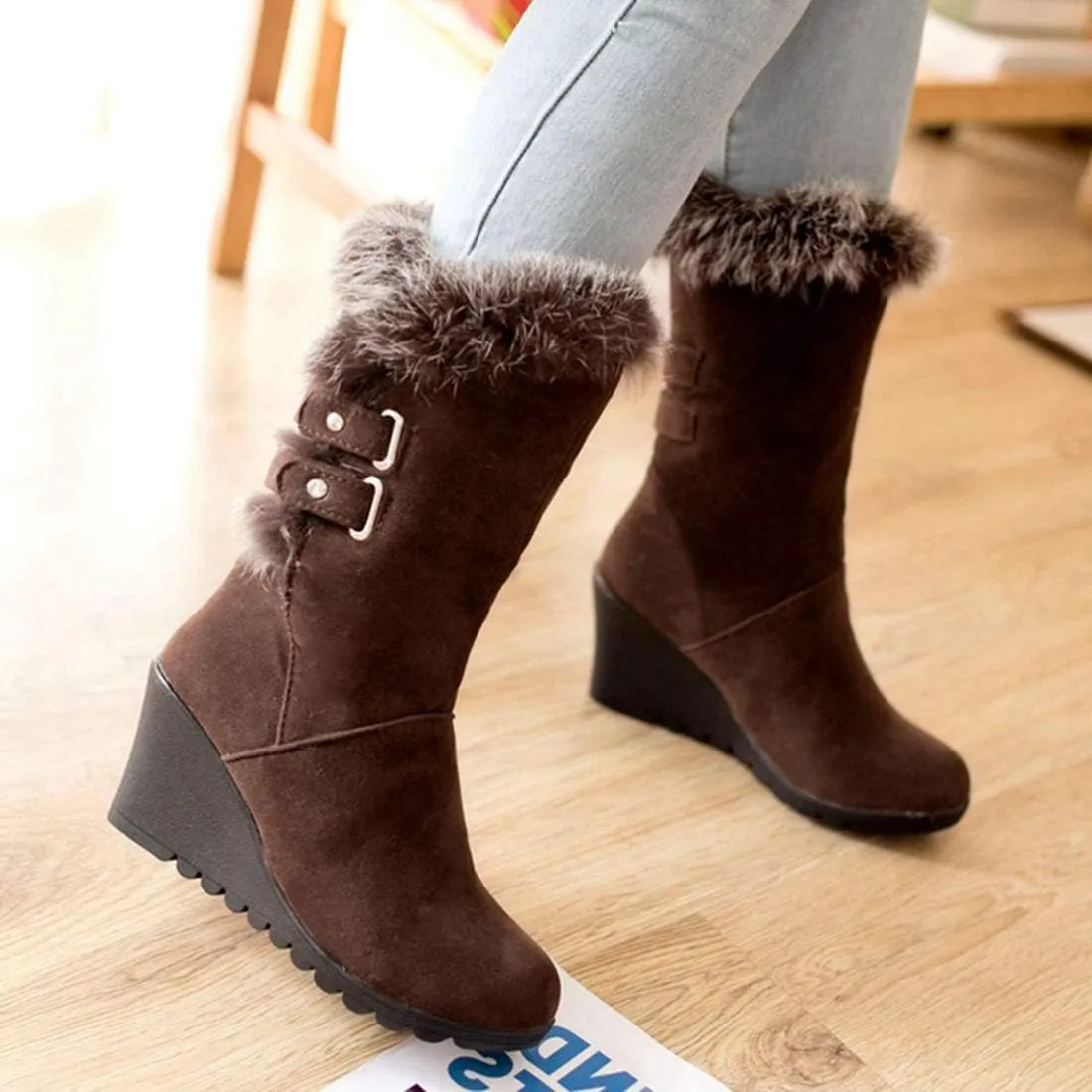 Women's Winter Fur Wedge Snow Boots Faux Suede Mid Calf Cold Weather Buckle Platform Fleece Lining Warm Wedges Snow Boots