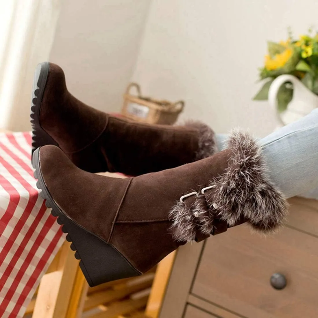 Women's Winter Fur Wedge Snow Boots Faux Suede Mid Calf Cold Weather Buckle Platform Fleece Lining Warm Wedges Snow Boots