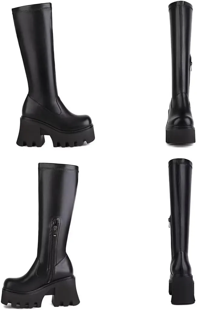 WUDPUNDR Mid Calf Platform Boots for Women Chunky Heel Round Toe High Heeled Knee Tall Boots