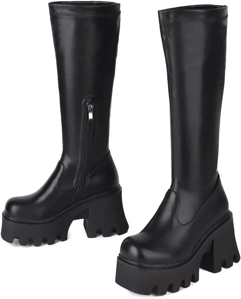 WUDPUNDR Mid Calf Platform Boots for Women Chunky Heel Round Toe High Heeled Knee Tall Boots