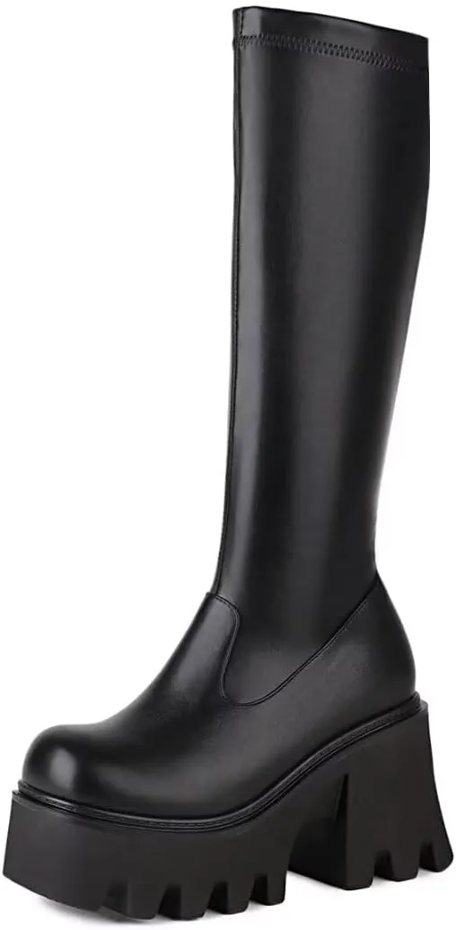 WUDPUNDR Mid Calf Platform Boots for Women Chunky Heel Round Toe High Heeled Knee Tall Boots