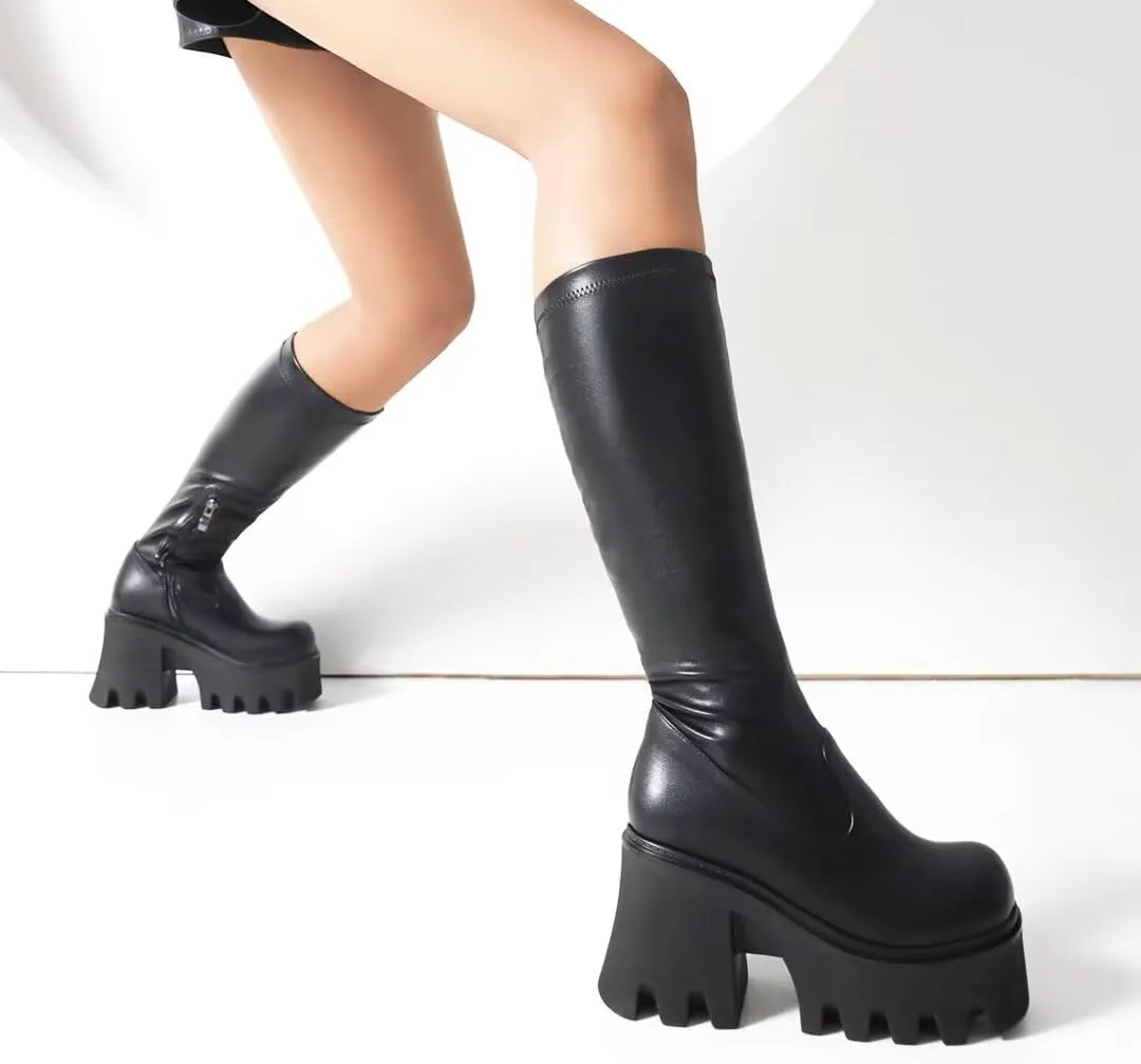WUDPUNDR Mid Calf Platform Boots for Women Chunky Heel Round Toe High Heeled Knee Tall Boots