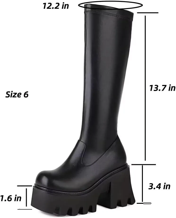 WUDPUNDR Mid Calf Platform Boots for Women Chunky Heel Round Toe High Heeled Knee Tall Boots