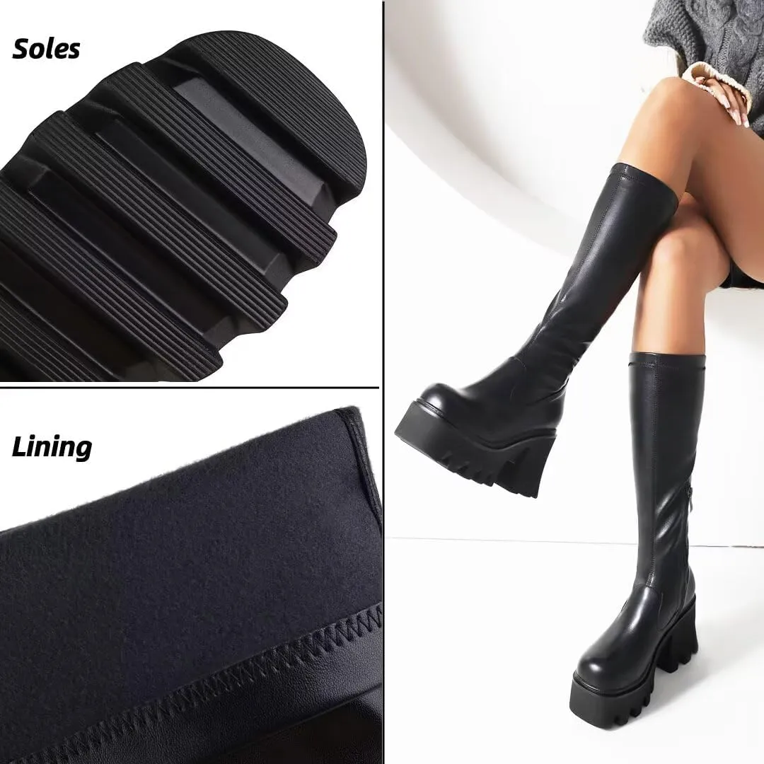 WUDPUNDR Mid Calf Platform Boots for Women Chunky Heel Round Toe High Heeled Knee Tall Boots