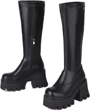 WUDPUNDR Mid Calf Platform Boots for Women Chunky Heel Round Toe High Heeled Knee Tall Boots